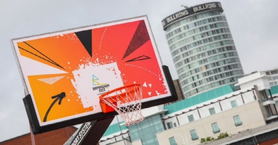 A basketball hoop branded with the Birmingham 2022 commonwealth games