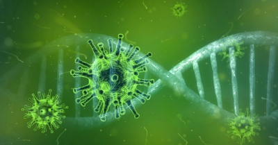 virus particles on a green background with a dna strand behind them