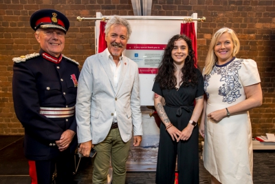 John Crabtree OBE, Lord Lieutenant of West Midlands Griff Rhys Jones, Allana Watson and Philippa Charles in front of a brick wall