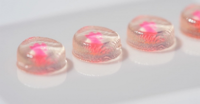 four clear jelly-like circular pills with bright pink centres