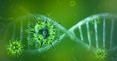 virus particle and dna strand on green background