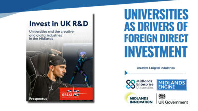 An image of the cover of the Creative & Digital Investment Prospectus alongside block text reading 'Universities as Drivers of Foreign Direct Investment' and the logos of Midlands Engine, Midlands Innovation and Midlands Enterprise Universities