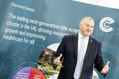 Photo of Andrew Stephenson CBE MP speaking at Leicestershire Innovation Festival at Charnwood Campus