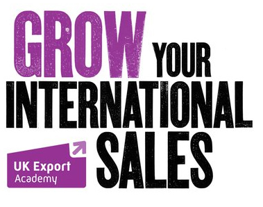 Purple and black text reads: ' Grow your international sales' UK Export Academy Logo.