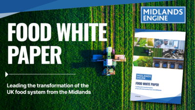 Graphic of the Food White Paper featuring an aerial view of a tractor in a field