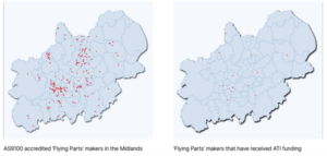 2 maps showing the number of R&D funding received by Flying Parts companies.