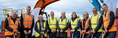 Sir John Peace, Sarah Windrum and others at the groundbreaking ceremony in high vis jackets