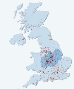 UK map showing number of aerospace companies with the Midlands region highlighted