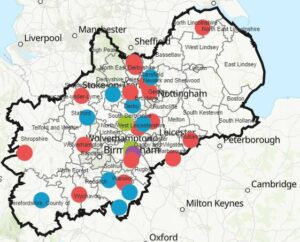 Map showing the Kings Awards winners in the Midlands