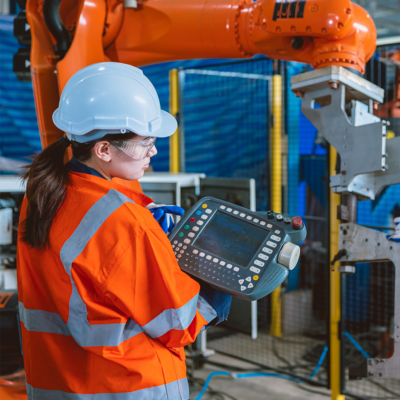 A female worker in high vis repairing an AI robot arm